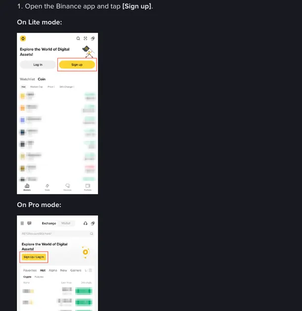 Two phone home screens from Binance's app sign-up help, one per app layout, showing that the sign-up button looks and sits differently depending on which layout the app opens in